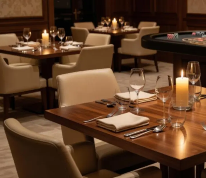 Stół do ruletki oświetlony świecami w eleganckim, kremowym wnętrzu restauracji