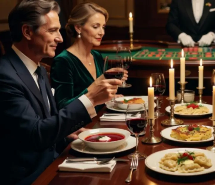 Kolacja przy świecach w restauracji Savory Room Co z dyskretnym stołem ruletkowym w tle