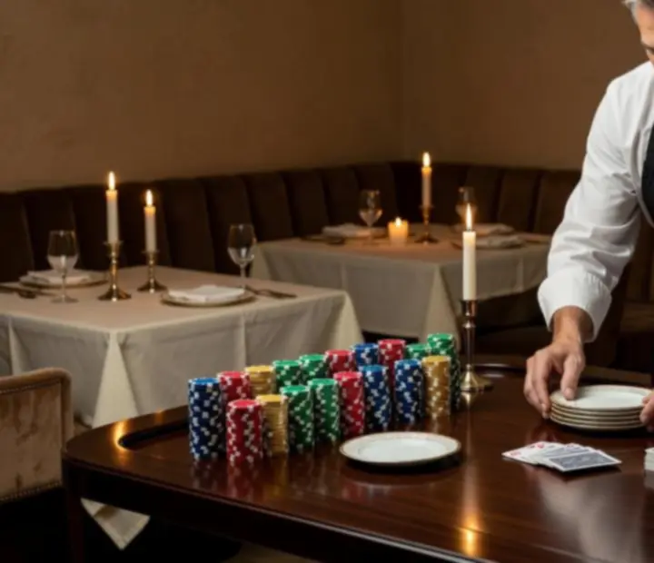 Szef kuchni nadzoruje elegancką kolację w kremowym wnętrzu z dyskretnym kącikiem pokerowym i stołem ruletkowym