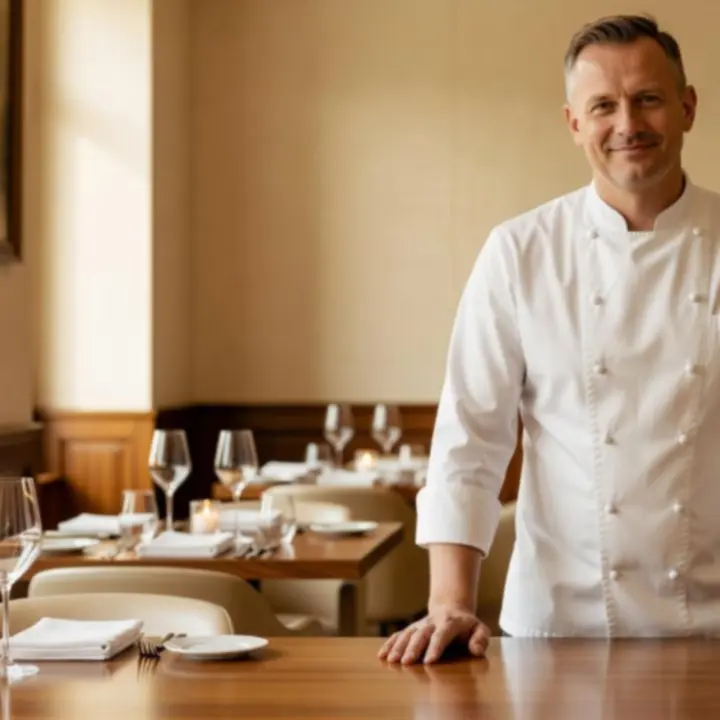 Elegancki portret szefa kuchni Savory Room Co w jasnym, kremowym wnętrzu restauracji