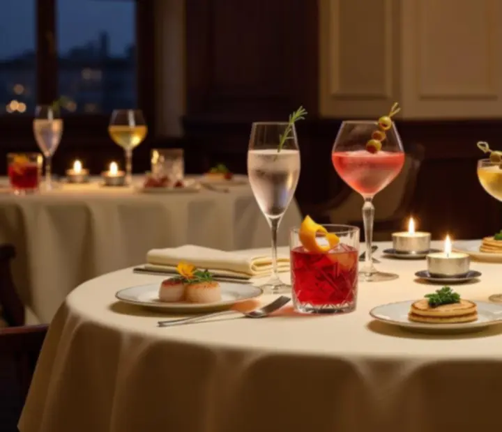 Elegancki koktajl na kremowym obrusie w restauracji Savory Room Co, w tle kieliszki wina i detale kart do gry
