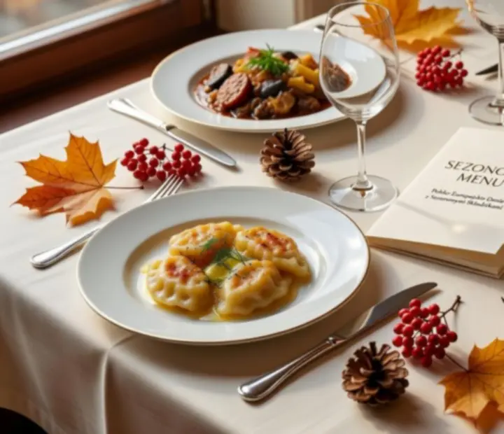 Kremowy stół w restauracji z jesiennym menu w świetle świec