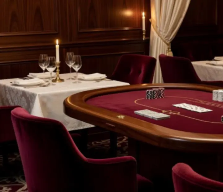Elegancka strefa kasyna offline z pokerowym stołem, ruletką i żetonami obok kremowych stołów restauracyjnych