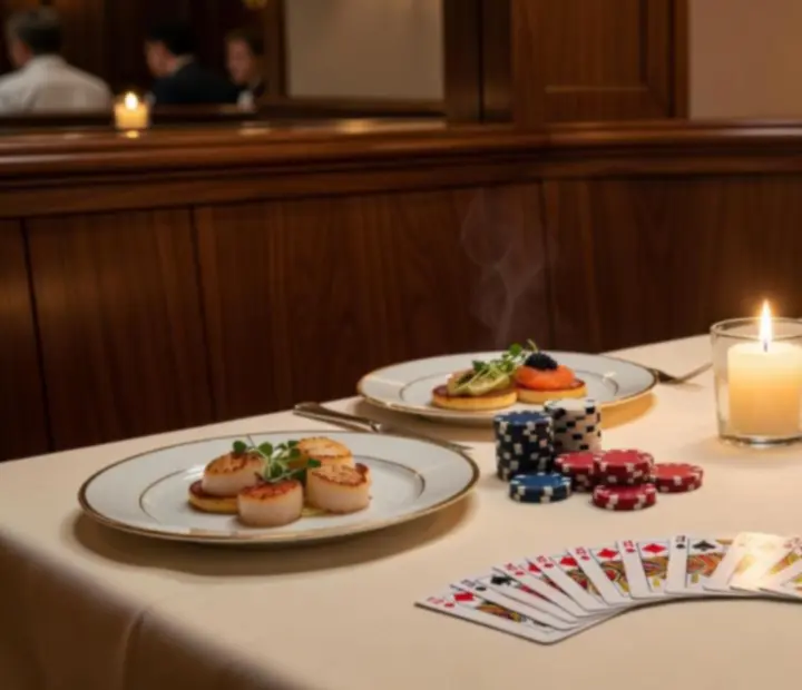 Atmosfera wieczoru pokerowego w restauracji: kremowe obrusy, porcelana, karty do gry i żetony rozmieszczone przy elegancko nakrytych stołach.