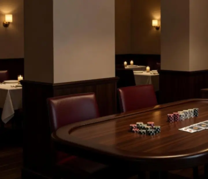 Elegancki pokerowy kącik w Savory Room Co z pokerowym stołem, ruletką i kartami do gry.