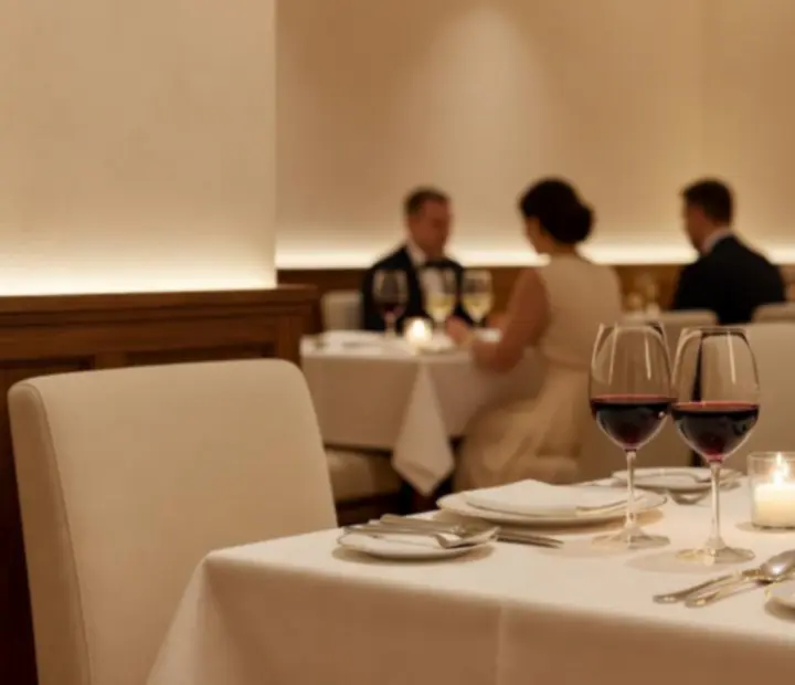 Kieliszki wina na kremowym, elegancko nakrytym stole w restauracji Savory Room Co