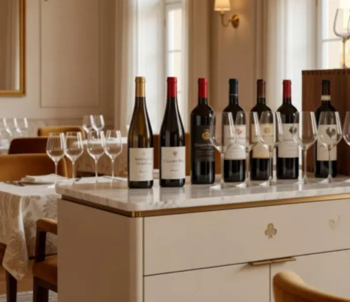 Półka z selekcją europejskich i polskich win w eleganckim, kremowym wnętrzu restauracji