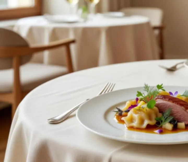 Detal flagowego dania restauracji serwowanego na porcelanowym talerzu w świetle świec