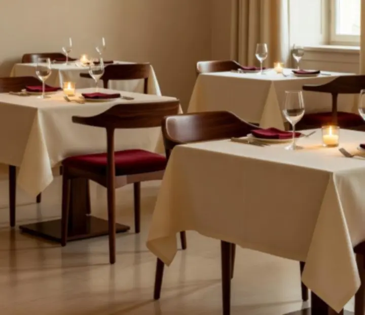 Kremowe wnętrze restauracji Savory Room Co z nakrytymi stołami i subtelnym światłem świec.